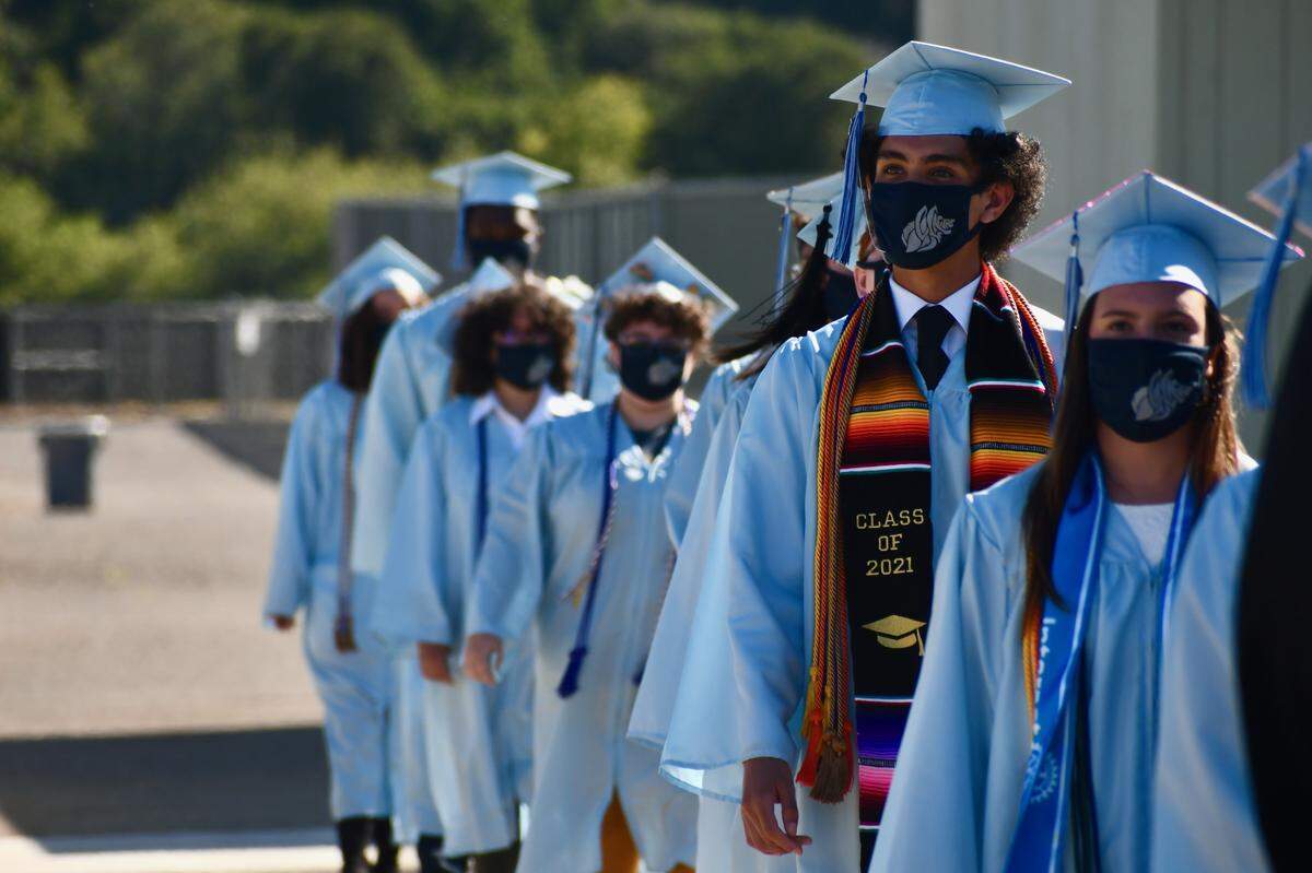 Central Coast New Tech High School graduates line up during a commencement ceremony in Nipomo on Thursday, June 3, 2021.