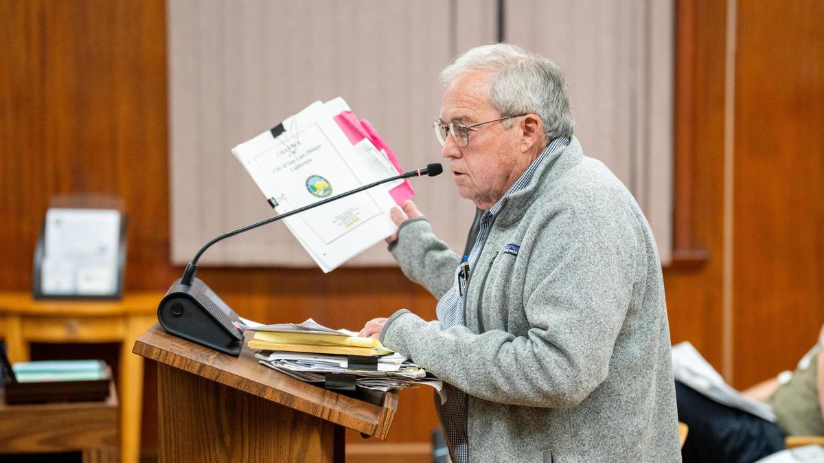 San Luis Obispo resident Steve Barasch speaks in opposition to the Waterman Village tiny home project Tuesday, March 4, 2025. Barasch and several other San Luis Obispo residents filed an appeal against the project in December 2024, claiming it violates the grant deed that gave the 466 Dana St. property to the city.