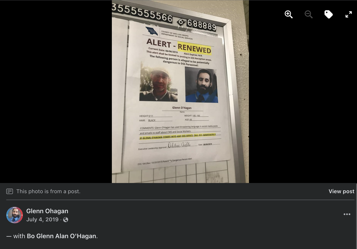 A screenshot of Glenn O’Hagan’s 2019 Facebook post where he shows a photo of an alert posted the the offices of the San Luis Obispo County Department of Social Services. In the caption of the post, he accuses the San Luis Obispo County Child Protective Services of taking his son and “selling” him to another family. Screenshot taken on Dec. 24, 2024.