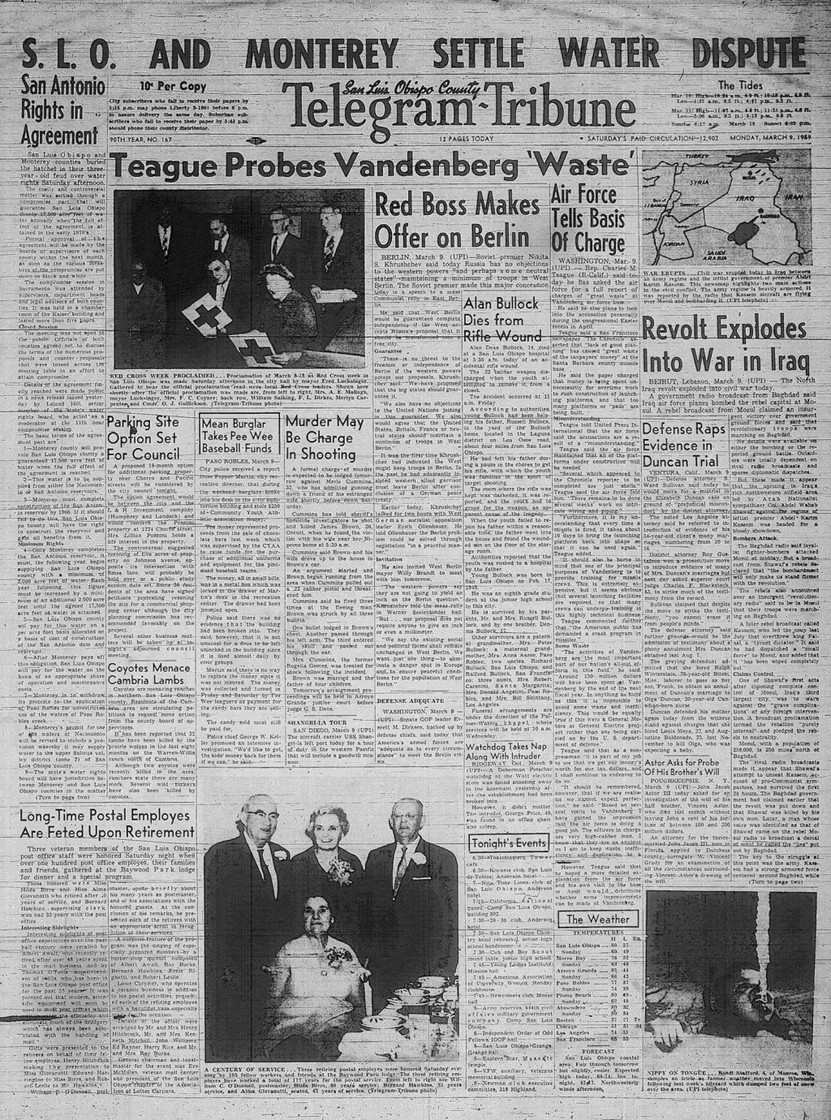 The front page of the Telegram-Tribune on March 9, 1959, when San Luis Obispo and Monterey counties drew up a settlement over Lake Nacimiento water rights. The agreement is still in use in 2018.