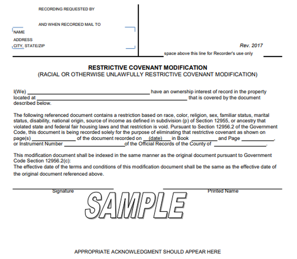 A sample of the form that needs to be completed to redact racial restrictions in property deeds.