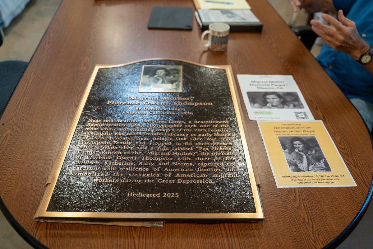 A plaque commemorating the “Migrant Mother” photograph by Dorothea Lange, pictured here on Friday, Oct. 24, 2025. The plaque will be unveiled to the public on Nov. 15 at Jim Miller Park in Nipomo.