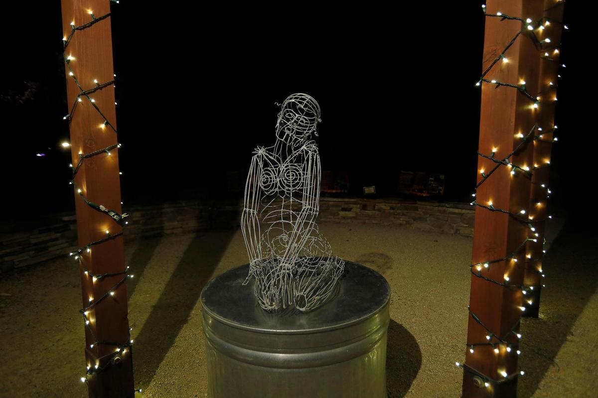 A wire sculpture of a woman is on display underneath a lighted canopy by Michael Reddell of Cambria. The SLO Botanical Garden has a new event called Nature Night. People can walk through an immersive outdoor holiday light and art exhibit, enjoy hot food and beverages.