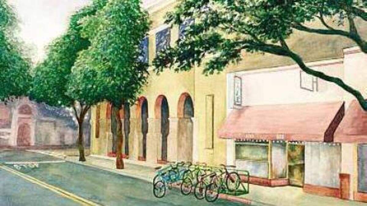 Grace Morgan’s ‘Where Everyone Knows Your Bike’ depicts the scene outside Linnaea’s Café on Garden Street in San Luis Obispo.