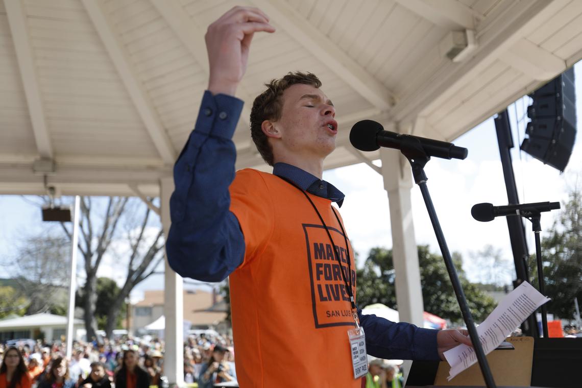 The March for Our Lives began in Mitchell Park in San Luis Obispo, Saturday, March 24, 2018 and wound its way around downtown San Luis Obispo. Paso Robles High School student, Mason Seden-Hansen, 17, gave an passionate speech at the Mitchell Park rally.