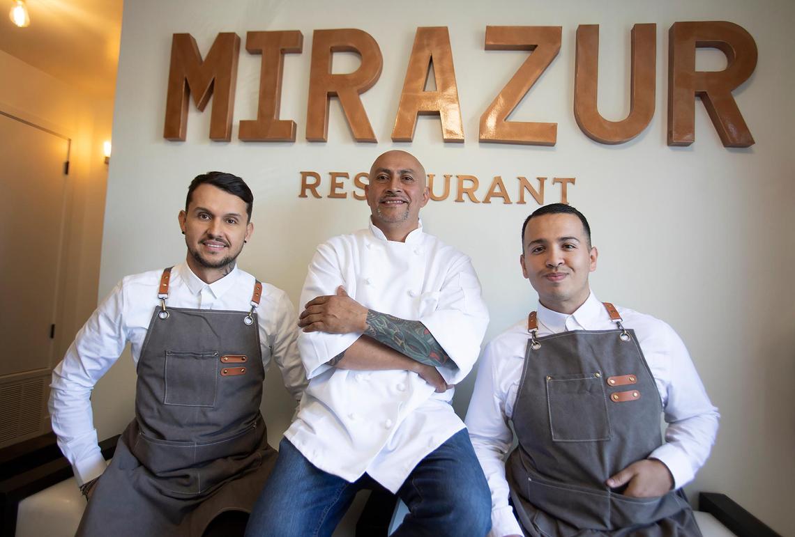 Mirazur Restaurant, a new eatery in Los Osos, is co-owned by Marco Lucatero (left) and Alejandro Flores (right). Chef Ismael Cruz (center) is part owner.