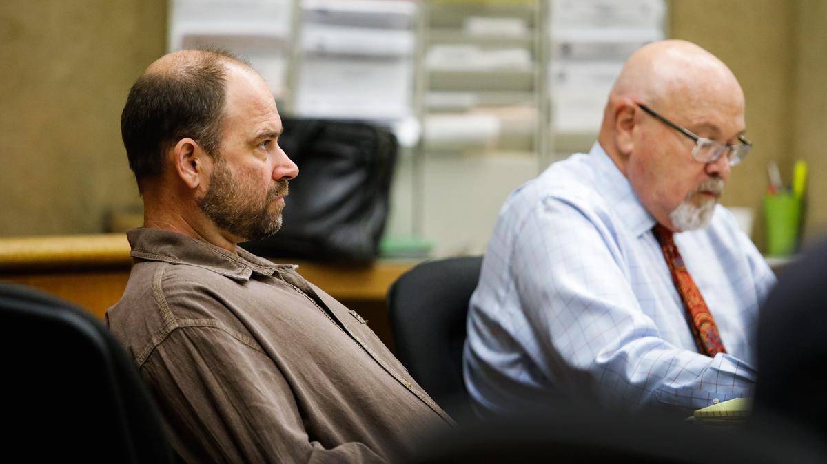 Jeremy Ian Preston, of Cambria, left, sits with lawyer Ilan Funke-Bilu during a September preliminary hearing for DUI and reckless driving charges for a February 2017 crash into the French Corner bakery on Main Street in Cambria that injured five people.