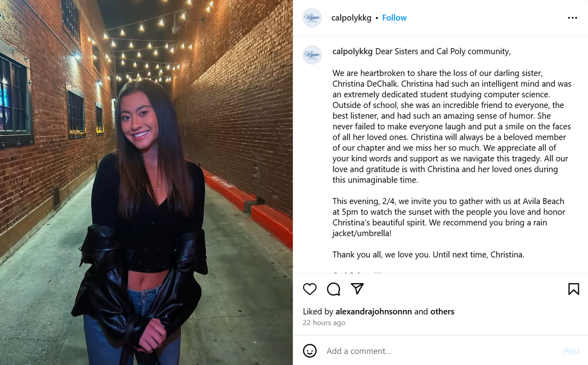 Christina DeChalk, a third-year student at Cal Poly and member of the Kappa Kappa Gamma sorority, died on Jan. 26.