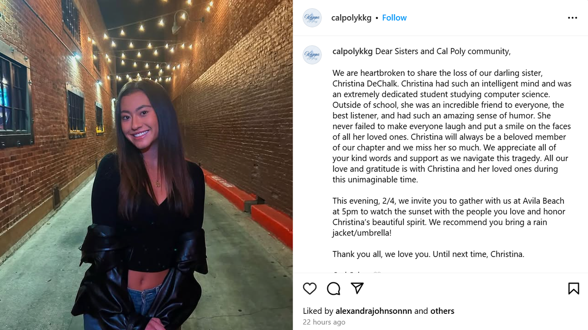 Christina DeChalk, a third-year student at Cal Poly and member of the Kappa Kappa Gamma sorority, died on Jan. 26.
