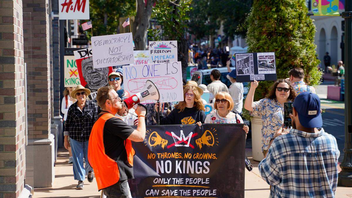 Protesters take to the streets during the No Kings protest in San Luis Obispo on Saturday, March 28, 2026. Organizers estimated around 2,500 people attended the San Luis Obispo protest, with more in Atascadero, Cambria and Grover Beach.