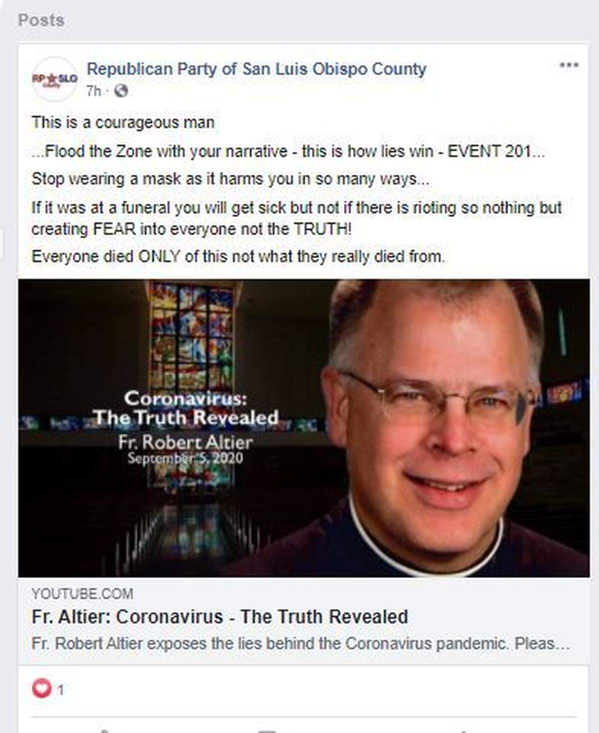 A screen shot of recent post on the Republican Party of SLO Couty Facebook page.