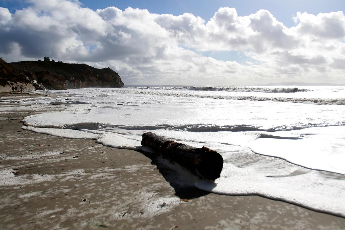 A powerful storm brought large, foamy waves to Avila Beach on Sunday, Dec. 11, 2022.