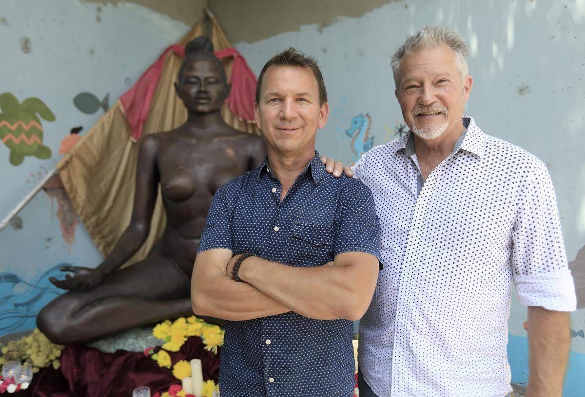 MindBody co-founder Blake Beltram, left, and San Luis Obispo artist David Van Zandt have created a 7-foot-tall bronze sculpture called a “Shakti” that they plan to take on a tour to West Coast tech companies and sell for $225,000.