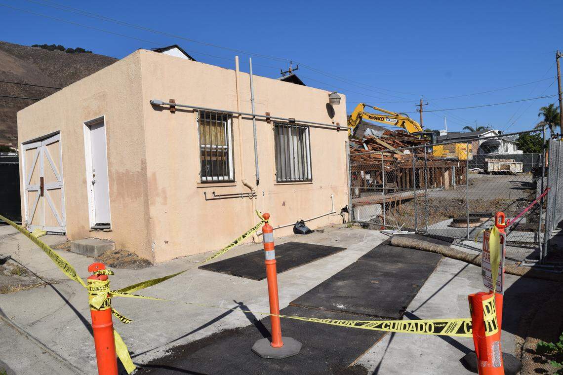 The historic Alex Bar-B-Q building in Shell Beach was demolished on September 18, 2018, despite the contractor on the project only having a permit to remove the building’s tower. Part of the original building’s garage remains here.