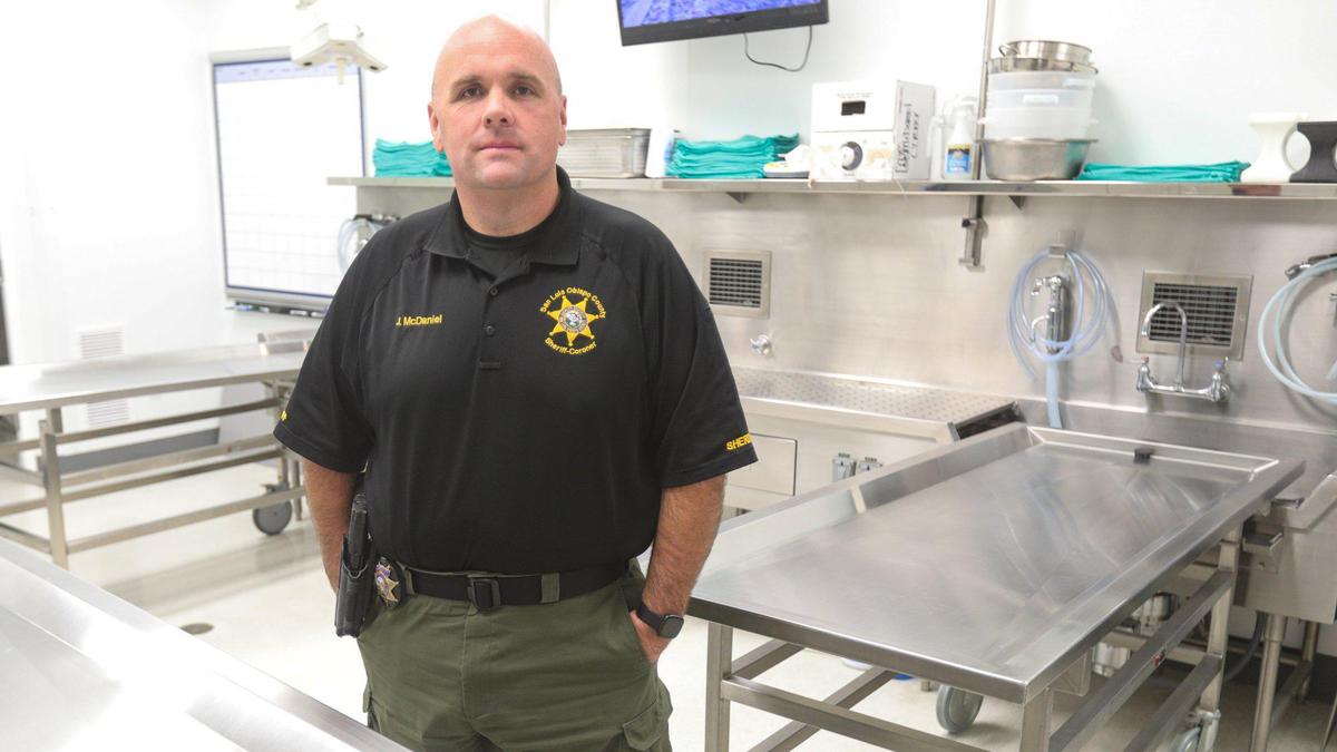 San Luis Obispo County Sheriff-Coroner’s Sgt. John McDaniel stands in the room where autopsies are conducted, on Feb. 16, 2023. “You can’t enforce your way out of a drug problem,” he said.&nbsp;