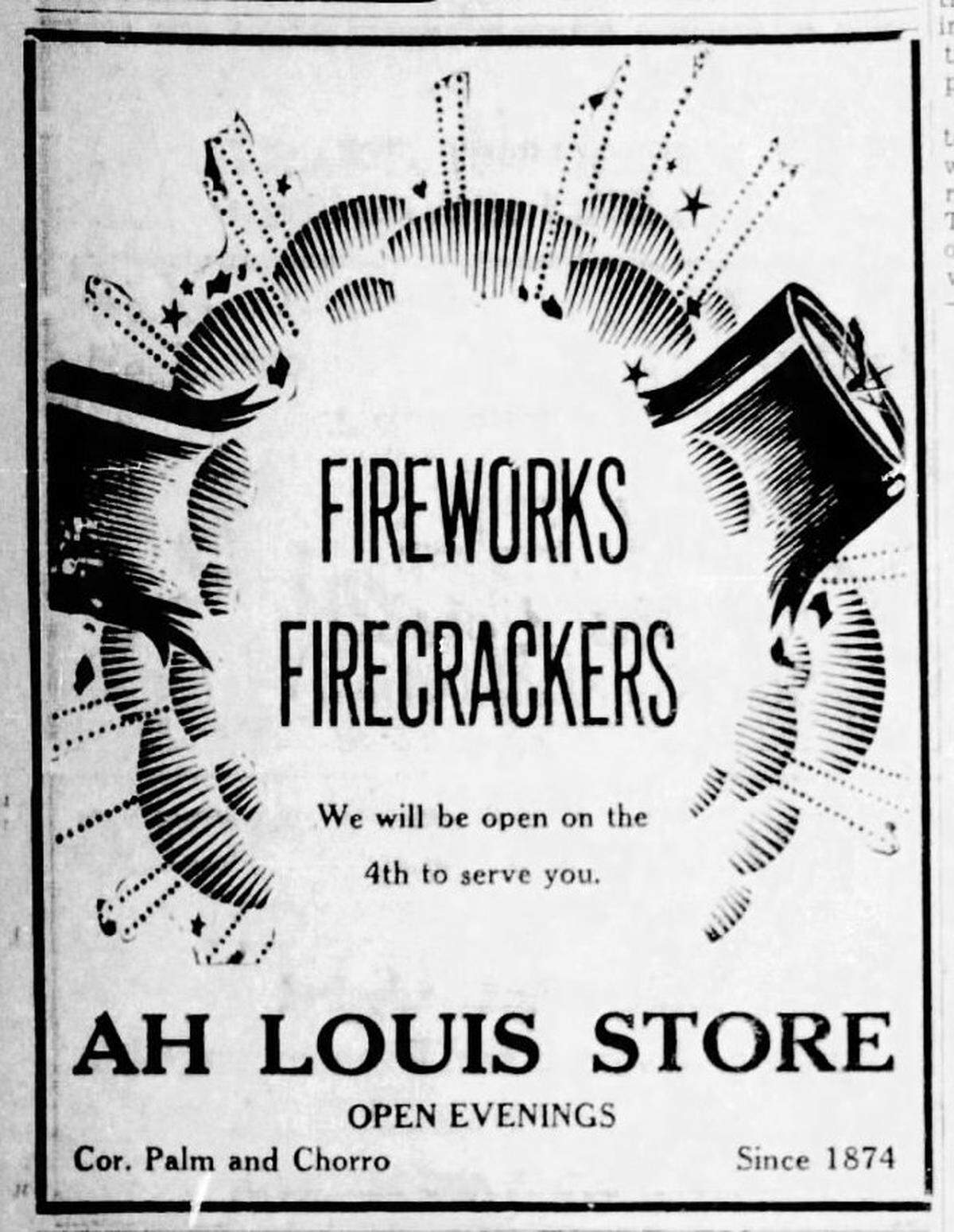 July 4th fireworks were sold at the Ah Louis store in San Luis Obispo, as seen in this July 3, 1936, advertisement.