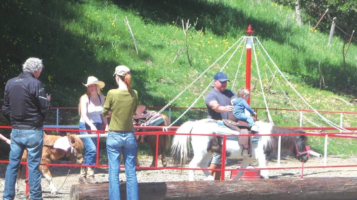 Four ponies circle a carousel on Main Street on Saturday, April 5.