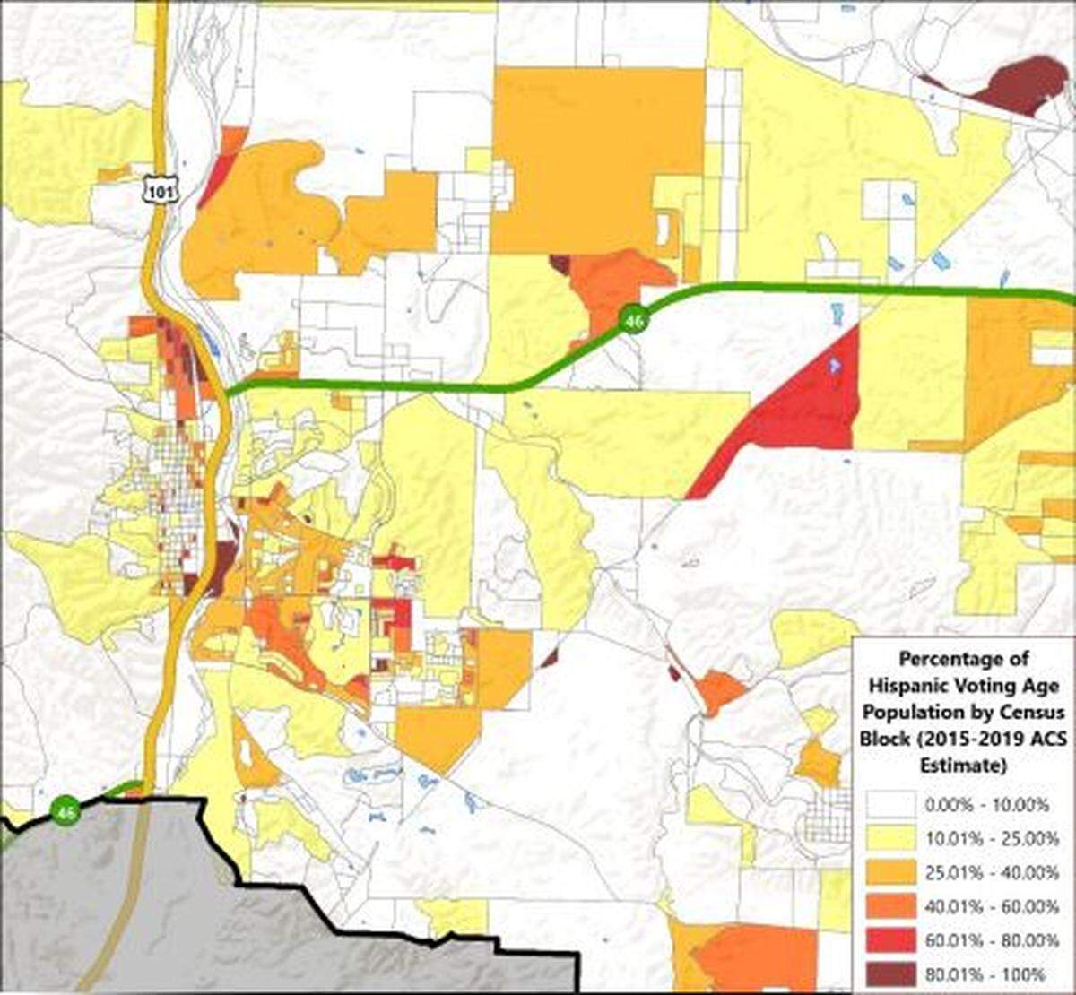 A map shows where higher concentrations of Hispanic or Latino community members are located in the Paso Robles area.