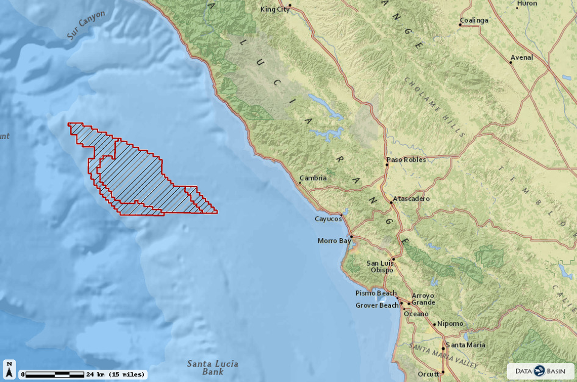 The area outlined in red shows the 399-square-mile Morro Bay call area in which floating wind turbines could be built.