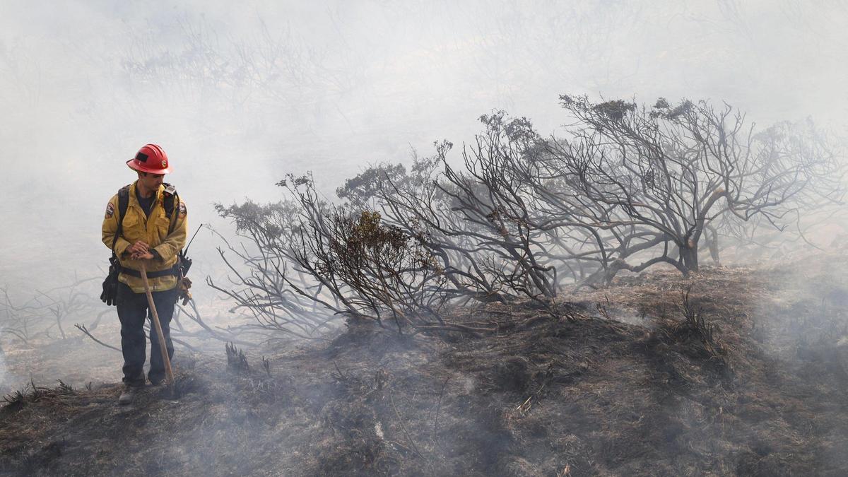 Firefighters battle a stubborn brush fire West of Oso Flaco Lake in the Oceano Dunes on April 21, 2025