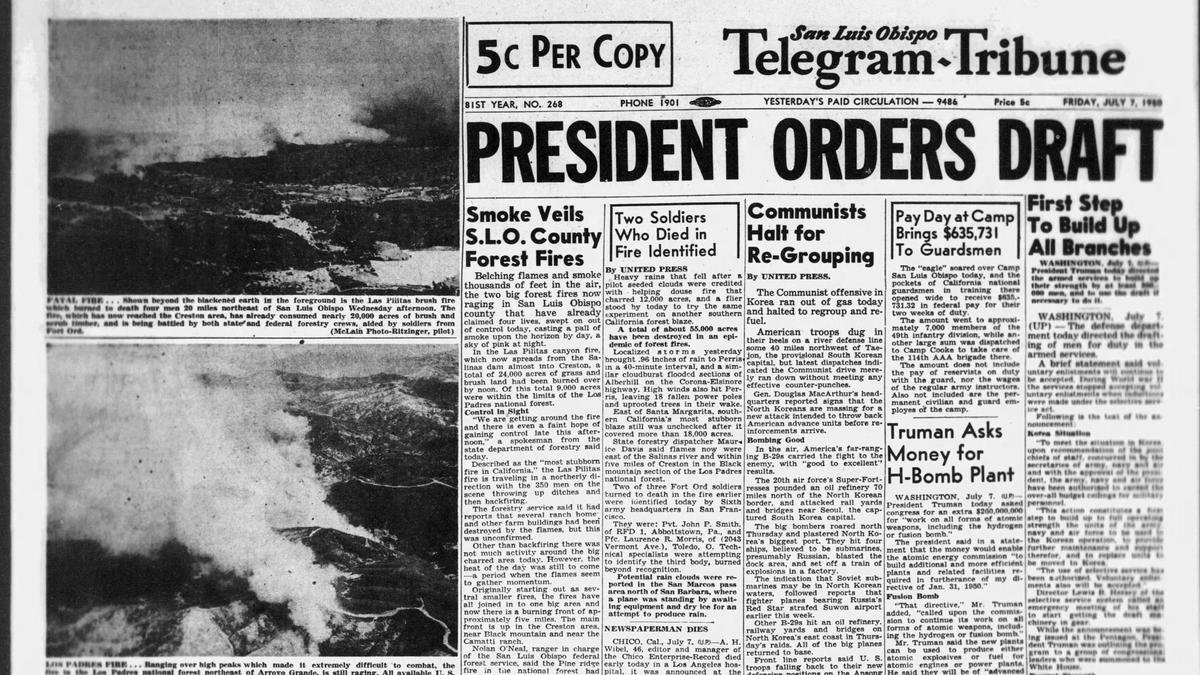 Front page of the Telegram-Tribune from July 7, 1950 carries news of the Korean War and aerial pictures of the Las Pilitas fire which killed four firefighters. The photos were by commercial photographer McLain.