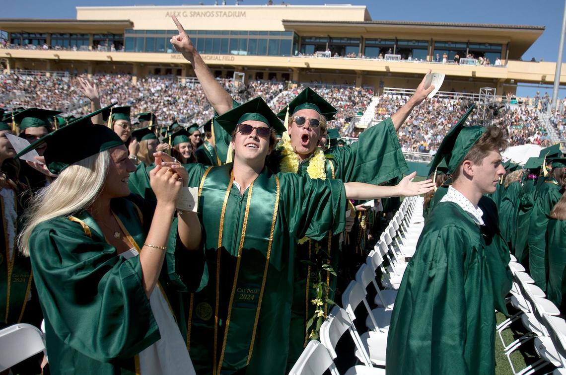 Cal Poly kicked off graduation weekend with three ceremonies on June 15, 2024. The university expects to celebrate more than 6,300 graduates throughout the weekend. A group of graduates cheer.