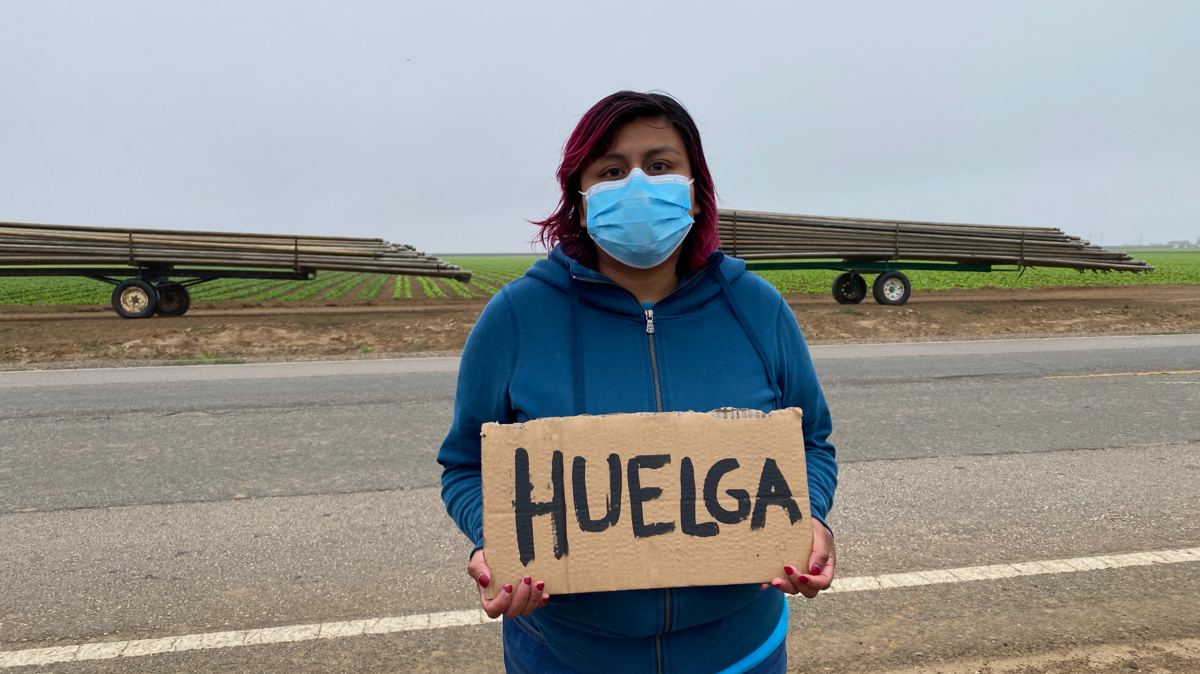 Community organizer Donna Olivera participates in a strike at West Coast Berry Farms in Nipomo. She said her citizenship status makes it safer for her to show up and support the strike. “The fact that I am a US citizen allows me to be here without fear,” she said.