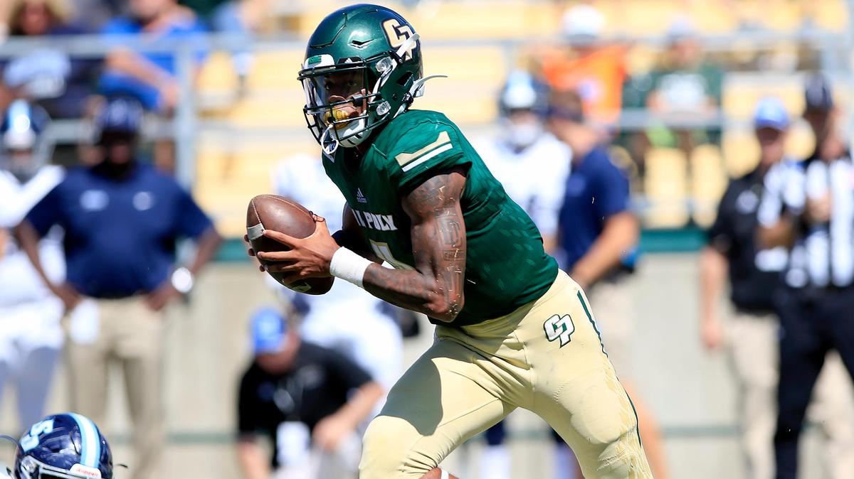 Cal Poly quarterback Jalen Hamler looks to pass during second quarter of the Mustangs’ season opener against the University of San Diego at Alex Spanos Stadium, Saturday, August 31, 2019.