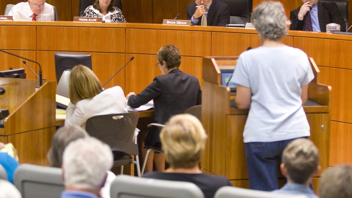 From left, Supervisors Frank Mecham, Debbie Arnold, Bruce Gibson and Adam Hill listen to public comment Tuesday on the proposed emergency ordinance. An estimated 75 people spoke at the 11-hour meeting.