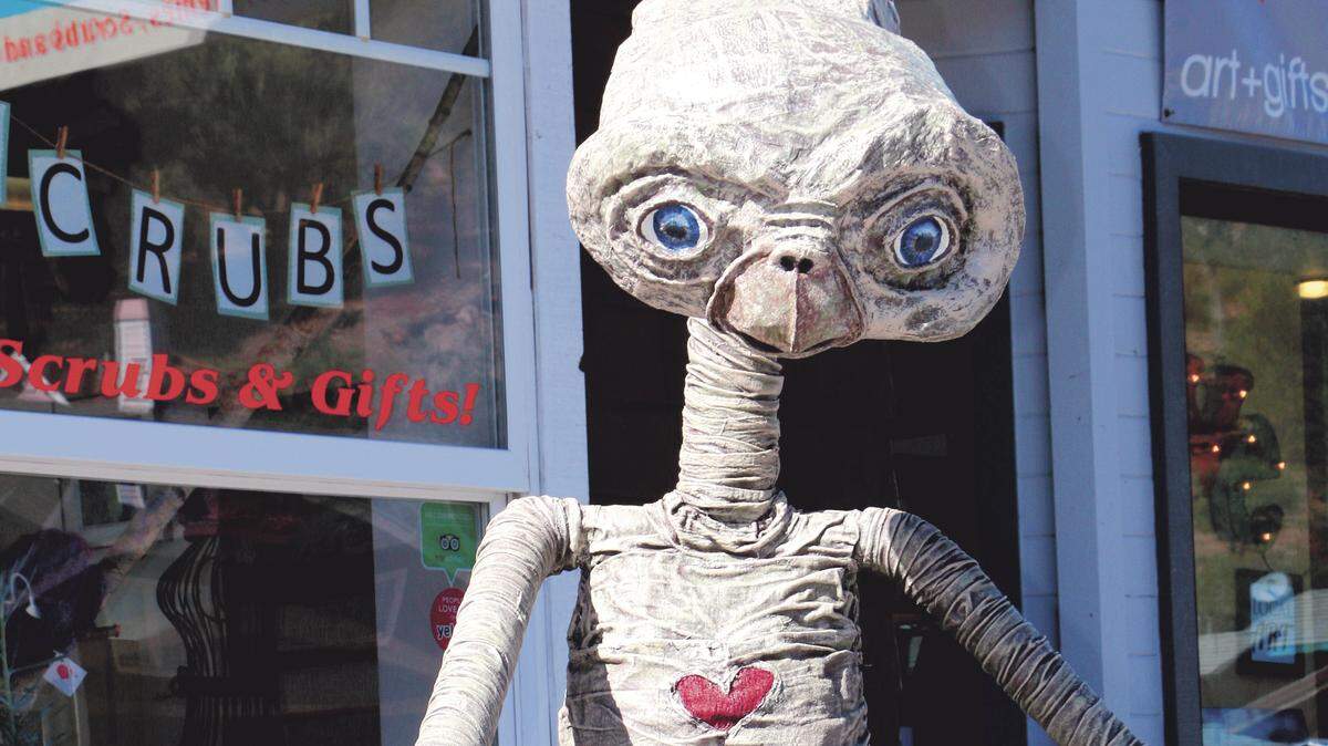 Christine Fischer's scarecrow, inspired by the Steven Spielberg film 'E.T. the Extra-Terrestrial,' took top honors in the adult class at the Cambria Scarecrow Festival.