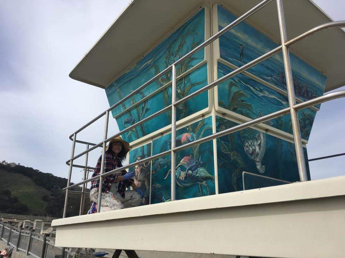 The top panel of the mural on the right was taken from an Avila Beach lifeguard tower.