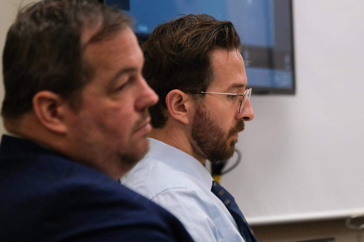 Nate Abate, right, and his attorney, Scott Taylor, listen to his victims give impact statements in San Luis Obispo Superior Court on Nov. 12, 2024. He was convicted of sexually assaulting multiple underage girls and has been accused on social media of raping dozens of women and girls.