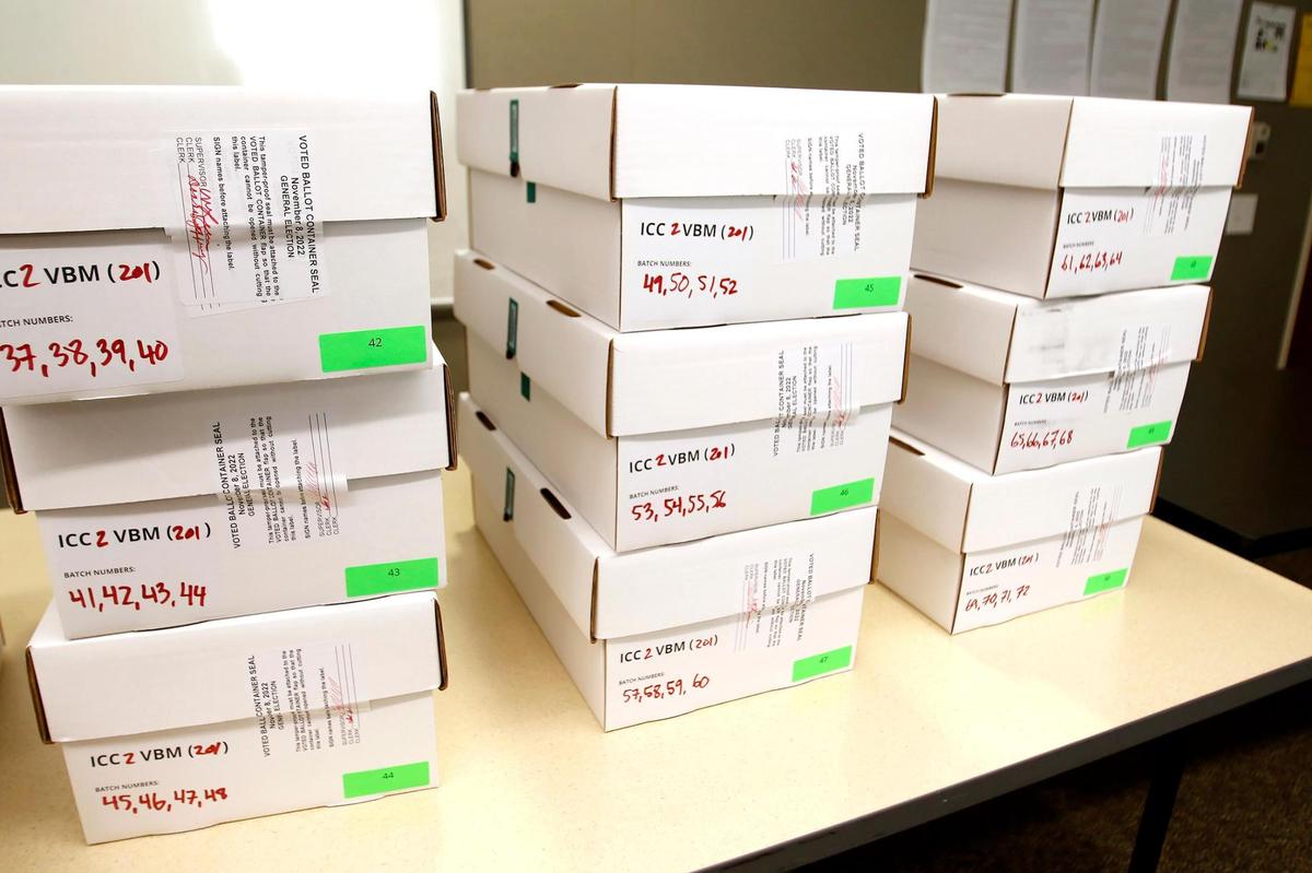 Boxes hold ballots in an auxiliary room at the Katcho Achadjian Government Center on Tuesday, Dec. 20, 2022 as the recount of the District 2 supervisor race proceeded.