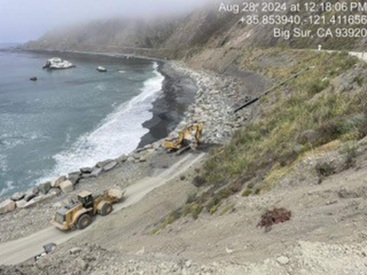 Repairs are underway near Big Sur Lookout on Highway 1 after waves eroded the roadway’s rocky supports in December and January.