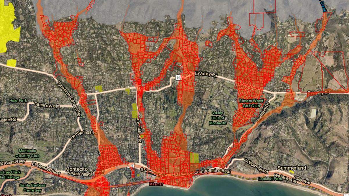 A flash flood warning was issued for Santa Barbara below the Thomas Fire burn area; part of the area was already evacuated due to risk of mudslides, shown above.