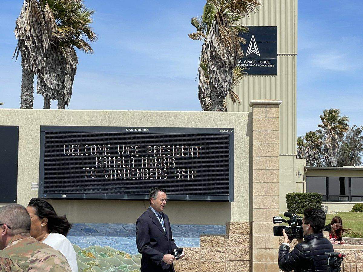 A sign welcomes U.S. Vice President Kamala Harris to Vandenberg Space Force Base near Lompoc.