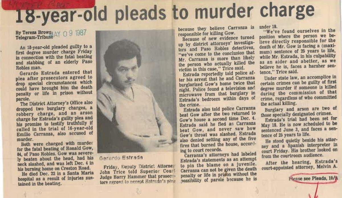 A Tribune clipping from May 1987 shows Gerardo Estrada during court proceedings.