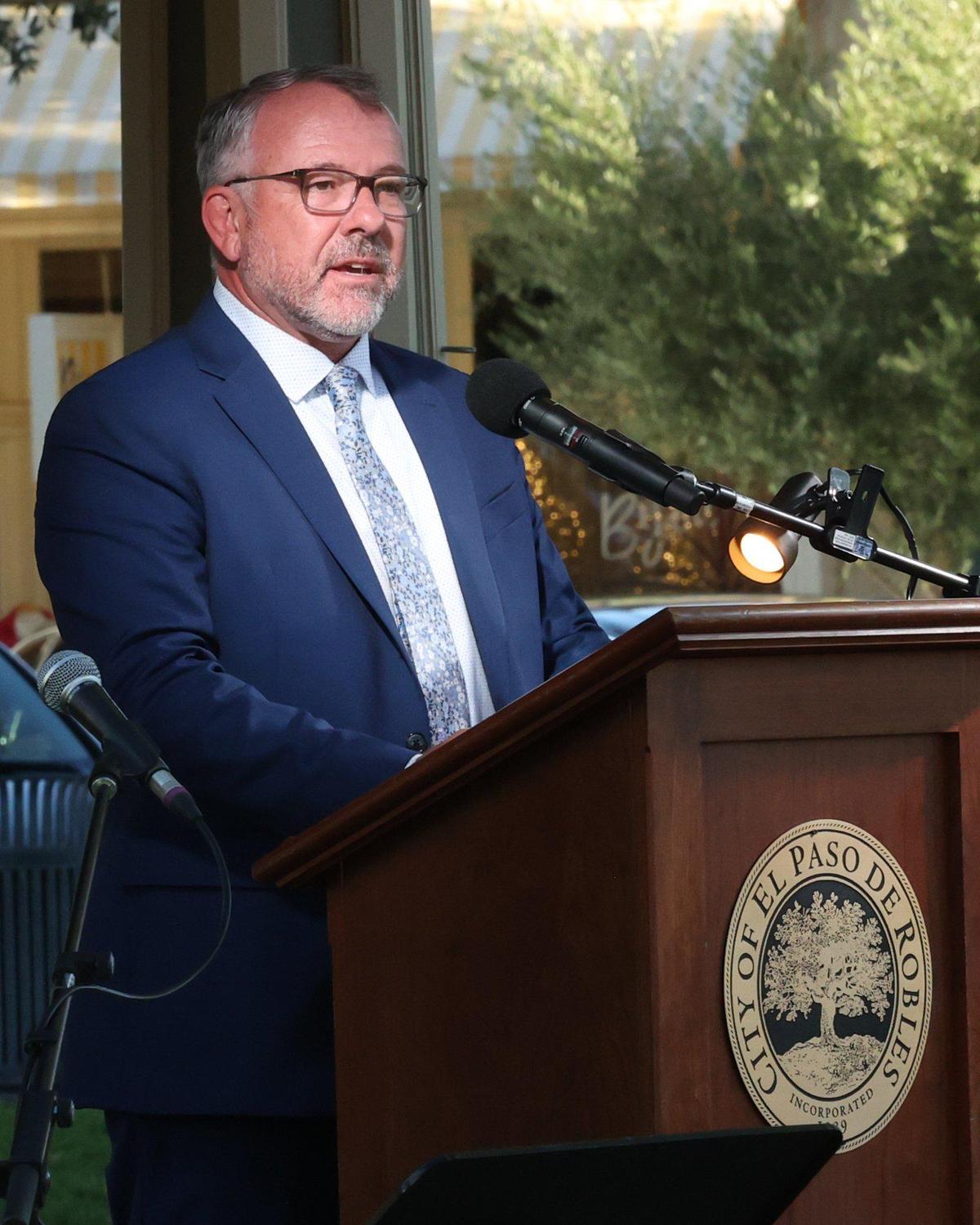 City manager Ty Lewis speaks about Steve Martin’s support of city staff and his vision for the future during a memorial for Paso Robles’ late mayor at the Downtown City Park on Sept. 27, 2023.