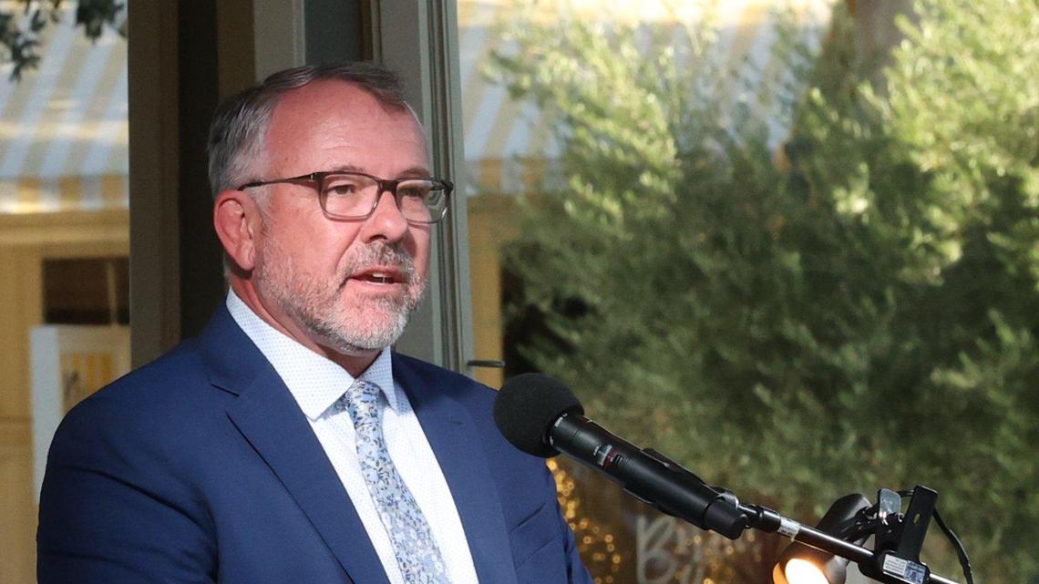 City manager Ty Lewis speaks about Steve Martin’s support of city staff and his vision for the future during a memorial for Paso Robles’ late mayor at the Downtown City Park on Sept. 27, 2023.