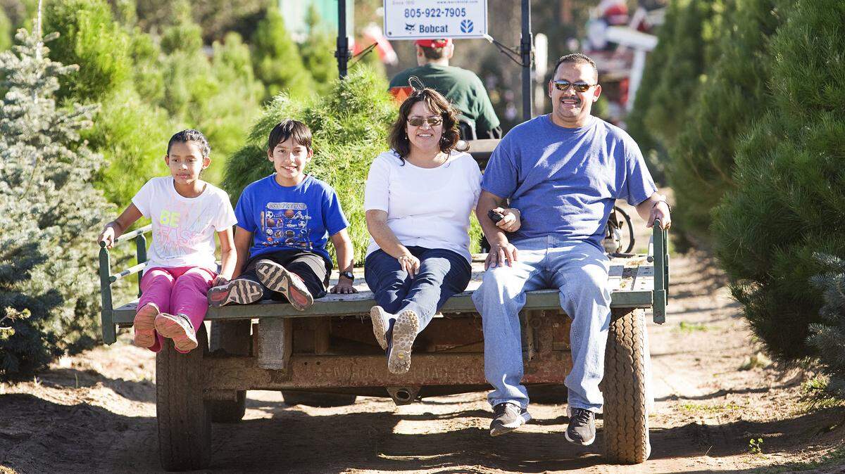 Pedro Valencia, right, his wife Teresa, and their children David and Andrea of Santa Maria get a ride with their freshly cut Christmas tree at Holloway’s Christmas Tree Farm in Nipomo.