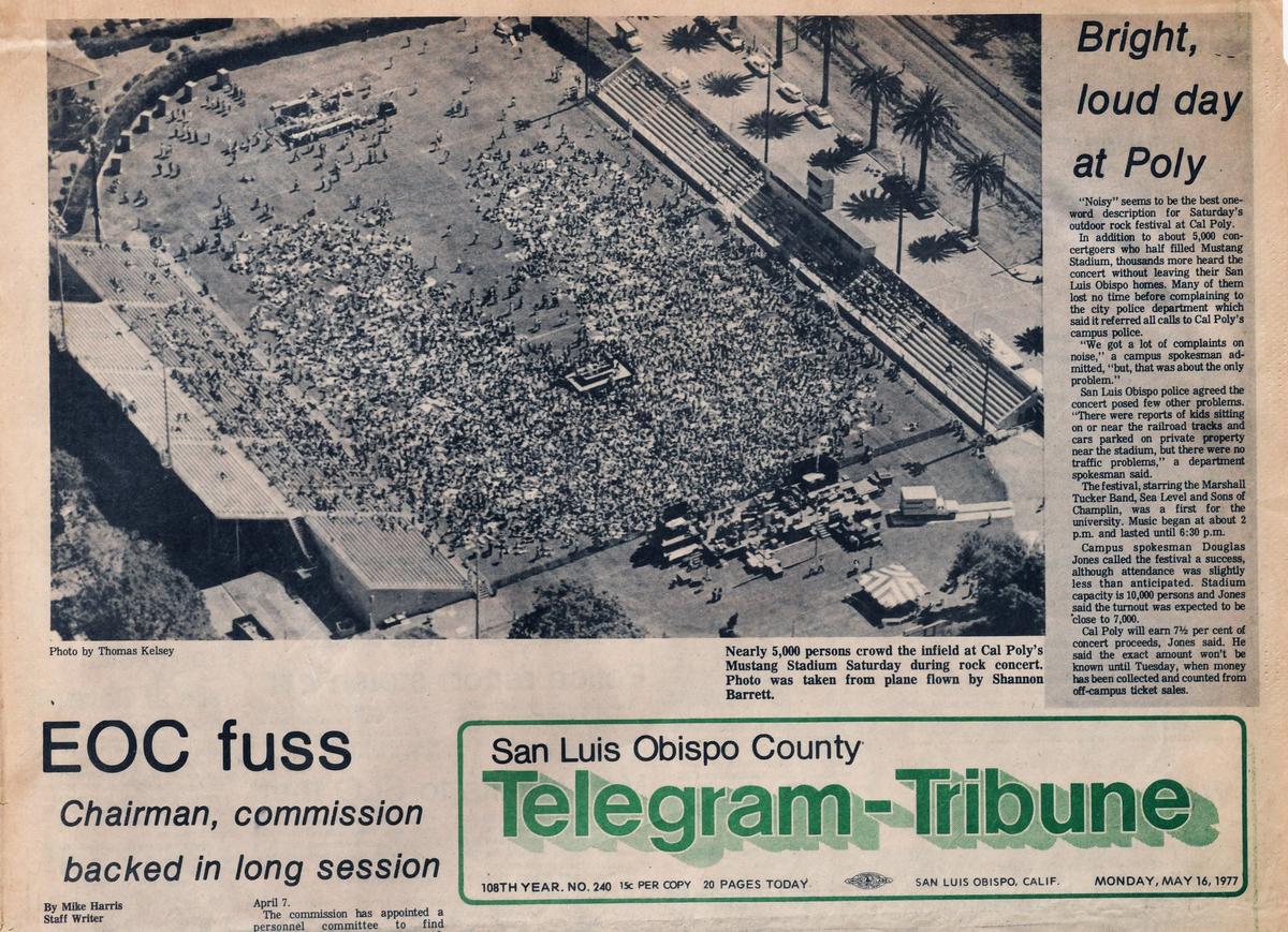 An estimated 5,000 to 7,000 people crowded the infield at Cal Poly’s Mustang Stadum during a rock concert that included headliner Marshall Tucker Band. Photo was taken from a plane flown by Sannon Barrett on May 14, 1977.