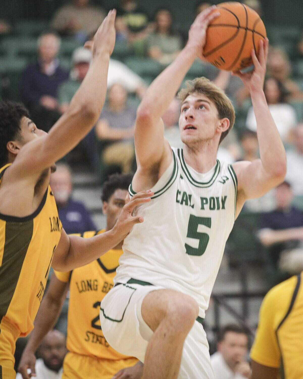 Guzman Vasilic goes up for a shot. Cal Poly beat Long Beach State102-92 on Feb. 26, 2026.