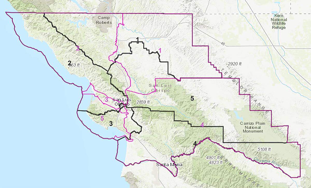 On this map, the pink lines and numbers indicate the new SLO County supervisor districts while the black lines and numbers indicate the previous districts.