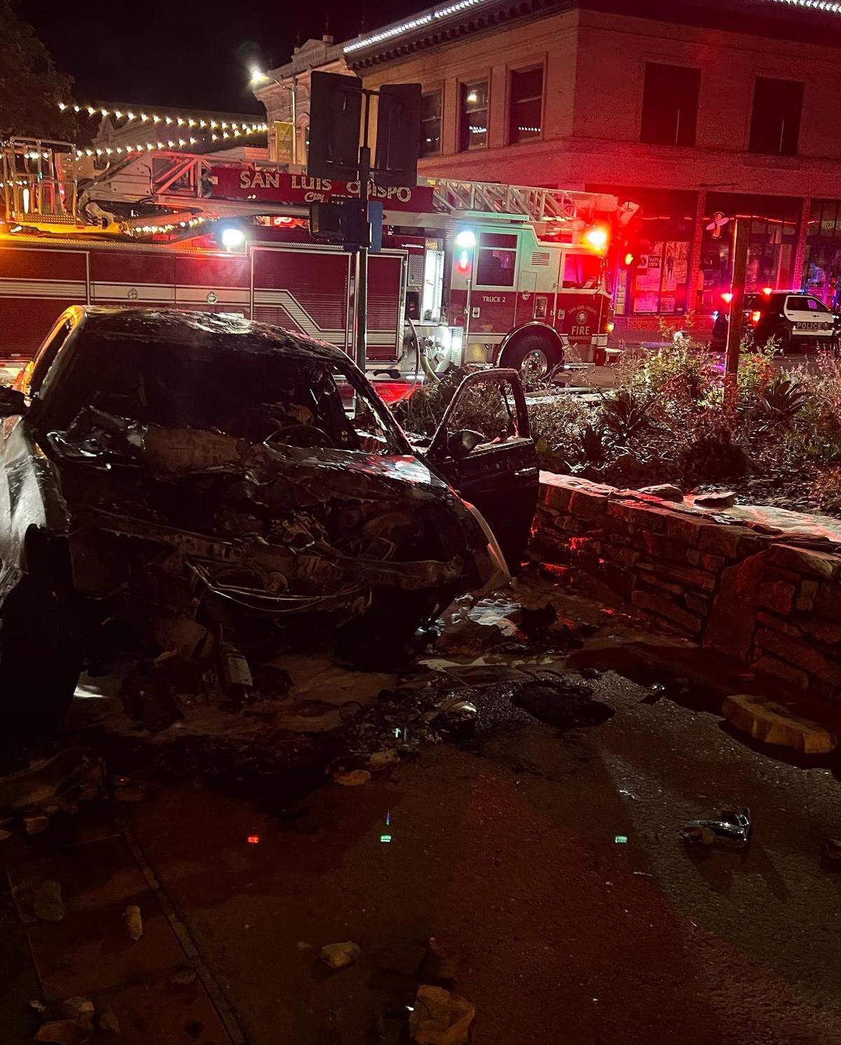 This car crashed into the landscape wall and entrance bollard at Mission Plaza in downtown San Luis Obispo on Tuesday, Aug. 23, 2022, according to the San Luis Obispo Police Department.