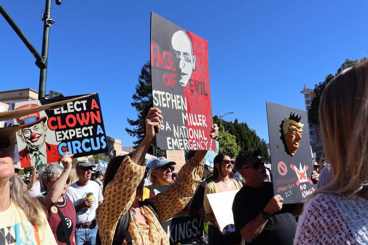Thousands of people attended the No Kings rally in downtown San Luis Obispo to protest the Trump administration and support Prop. 50 on Oct. 18, 2025.