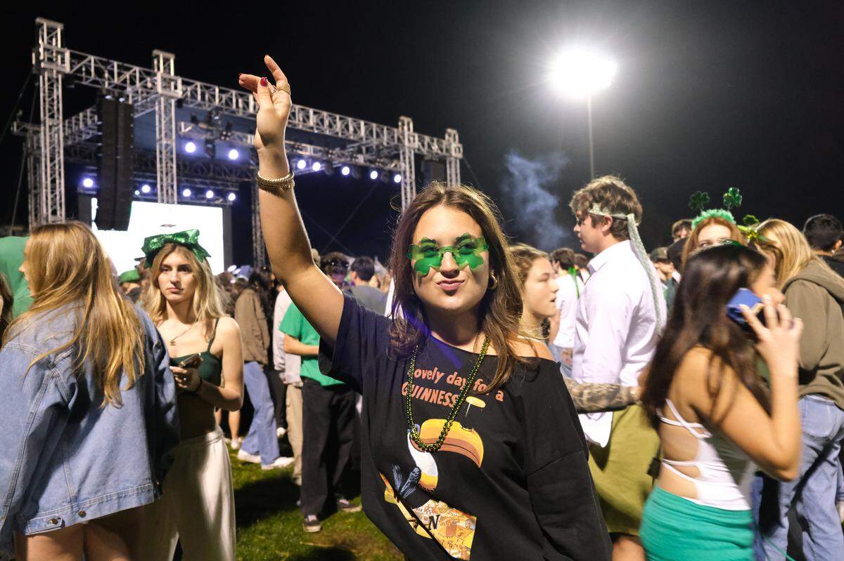 Cal Poly hosted an early morning music festival featuring EDM artists Zhu and Galantis on campus in hopes of drawing students out of the streets on St. Fratty’s Day, March 15, 2025. Student Charlotte Sheya, pictured above, said the concert was “going really well” as of Saturday morning.