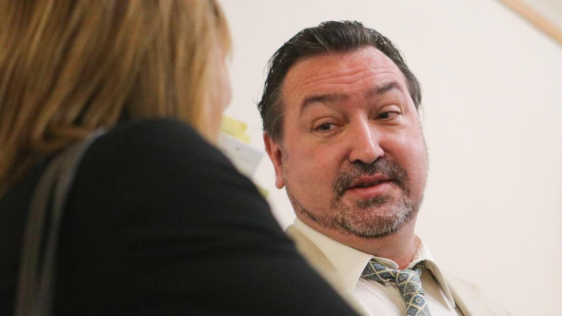 Jason Alan Williams, a Cal Poly psychology and child development associate professor, stands next to his attorney Shauna Cunningham after pleading no contest to a misdemeanor charge of using an electronic device to view a person’s undergarments.
