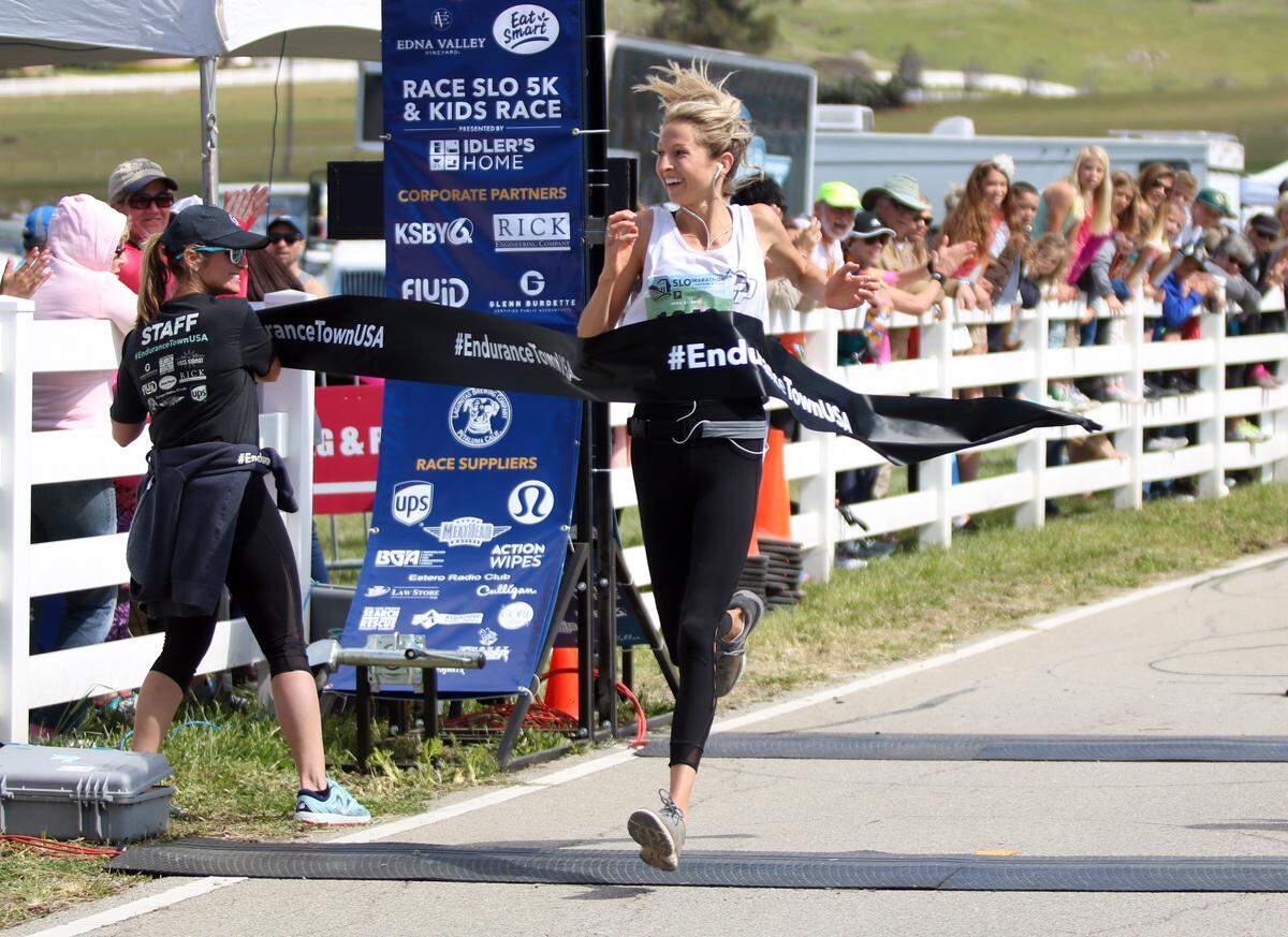 Cal Poly junior Lindsey Arrillaga, 20, finishes in first place in the women's division at the San Luis Obispo Marathon on Sunday, April 29, 2018.