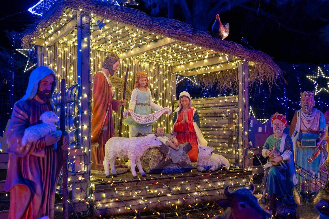 A depiction of the birth of Jesus Christ glows at the Cambria Christmas Market on Friday, Nov. 21, 2025. The annual Christmas market will open its doors on Nov. 29, 2025.