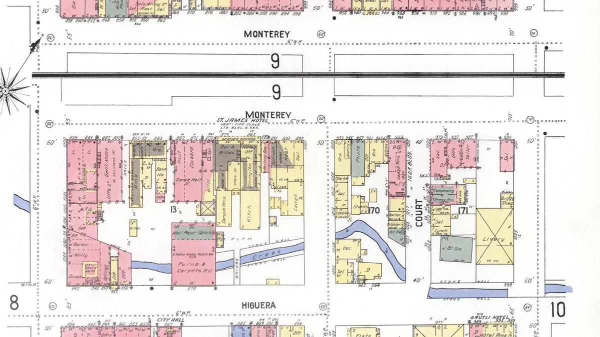 This detail from a Sanborn Fire Insurance map dated 1909 shows a stone wall and buildings starting to span the creek, at the corner of Chorro St. at left and where the former Beverly’s Fabric/ Thrifty Beaches Headquarters location is today. San Luis Creeknow flows under the city for a little over two blocks below Higuera Street.